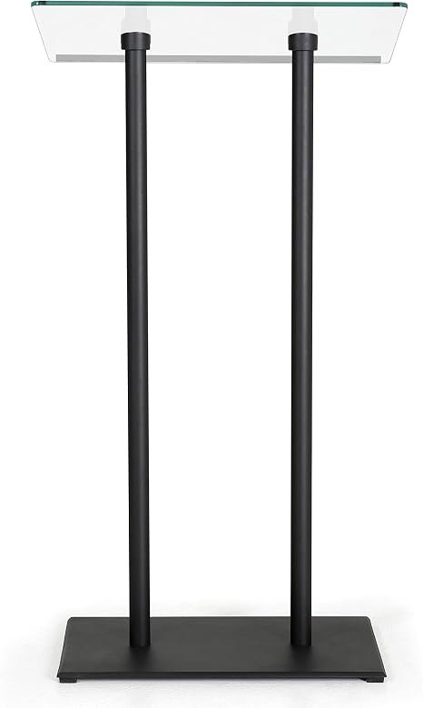M&T Displays Tempered Clear Glass Conference Podium Stand Black Aluminum Body and Base 43.9 Inch Height Floor Standing Lectern Pulpit Desk for Classroom Church