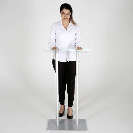 M&T Displays Tempered Clear Glass Conference Podium Stand Silver Aluminum Body and Base 43.9 Inch Height Floor Standing Lectern Pulpit Desk for Classroom Church - Image 4