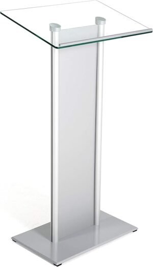 M&T Displays Tempered Clear Glass Conference Podium Stand with Aluminum Front Panel Silver Aluminum Body and Base 43.9 Inch Height Floor Standing Lectern Pulpit Desk for Classroom Church