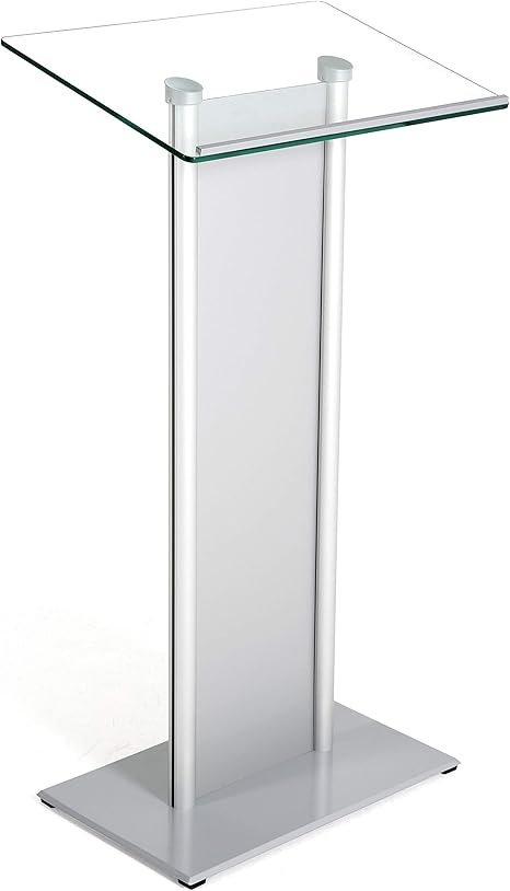 M&T Displays Tempered Clear Glass Conference Podium Stand with Aluminum Front Panel Silver Aluminum Body and Base 43.9 Inch Height Floor Standing Lectern Pulpit Desk for Classroom Church