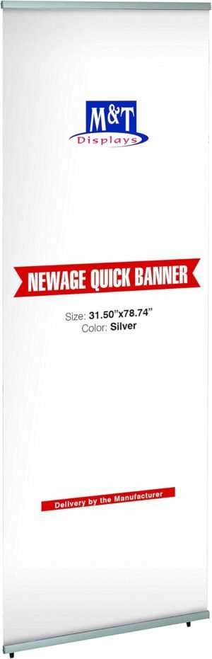 M&T Displays 31.50x78.74 inch L Shaped New Age Quick Banner Holder Stand for Convention Conference Trade Show Display Office Floor Standing Silver Anodized Aluminum Portrait Indoor