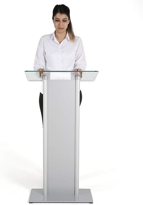 M&T Displays Tempered Clear Glass Conference Podium Stand with Aluminum Front Panel Silver Aluminum Body and Base 43.9 Inch Height Floor Standing Lectern Pulpit Desk for Classroom Church - Image 4