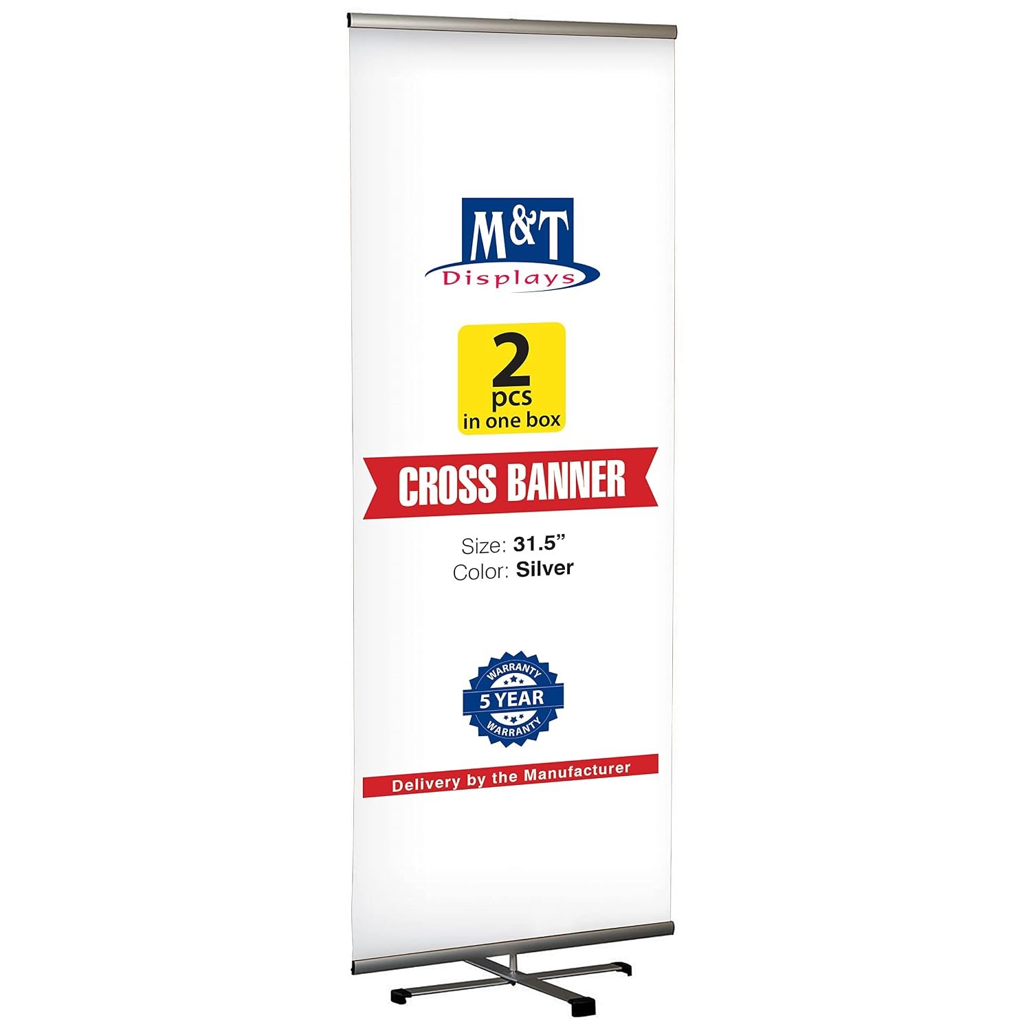 Cross Single Banner Adjustable Height Banner 31.5" Reusable Banner Travel Display 31-1/2" Poster Size Silver Anodized Aluminium, Telescopic Pipe (Two)
