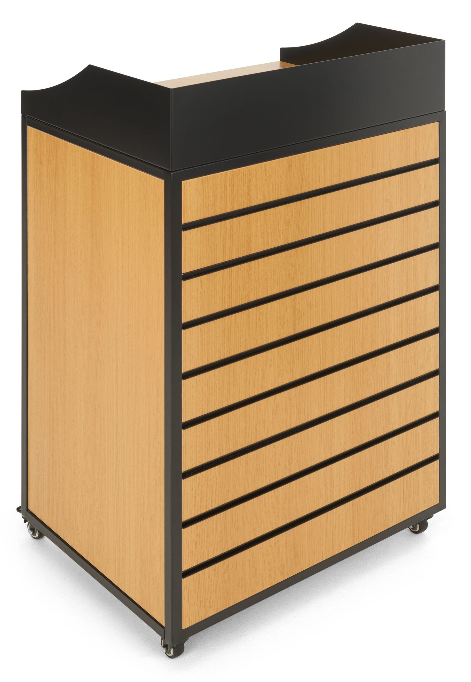 Hostess Station with Slatwall Front, Adjustable Shelf, Locking Wheels - Natural