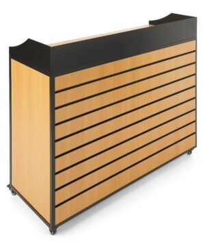 Hostess Station with Slatwall Front, Adjustable Shelf, Locking Wheels - Natural