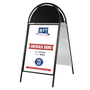M&T Displays 20x30 Double Sided Sandwich Board – Folding Black Aluminum A-Frame Sidewalk Sign with Magnetic Covers & Header, Outdoor Restaurant Menu Board, Pavement Advertising...
