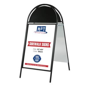 M&T Displays 22x28 Double Sided Sandwich Board – Folding Black Aluminum A-Frame Sidewalk Sign with Magnetic Covers & Header, Outdoor Restaurant Menu Board, Pavement Advertising...