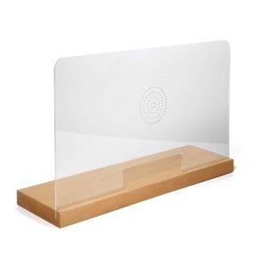 M&T Displays 25.56x17.03 Inch Countertop Divider Desk Separator Table Barrier Guard Screen Wooden Base Speaker Holes Paper Slot, Acrylic Protective Separation Screen Window...