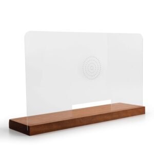 M&T Displays 25.56x17.03 Inch Countertop Divider Desk Separator Table Barrier Guard Screen Wooden Base Speaker Holes Paper Slot, Acrylic Protective Separation Screen Window...