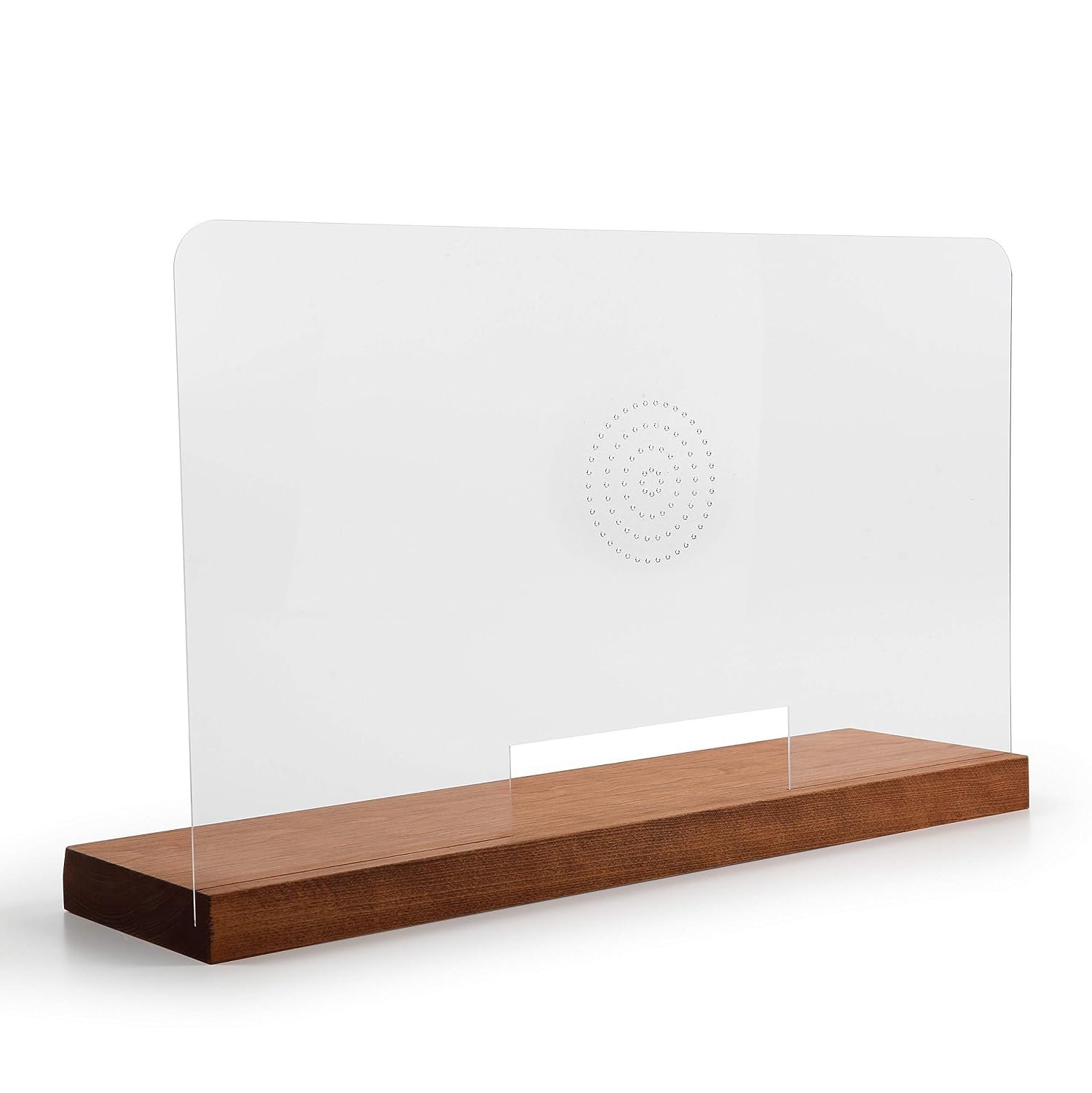 M&T Displays 25.56x17.03 Inch Countertop Divider Desk Separator Table Barrier Guard Screen Wooden Base Speaker Holes Paper Slot, Acrylic Protective Separation Screen Window...