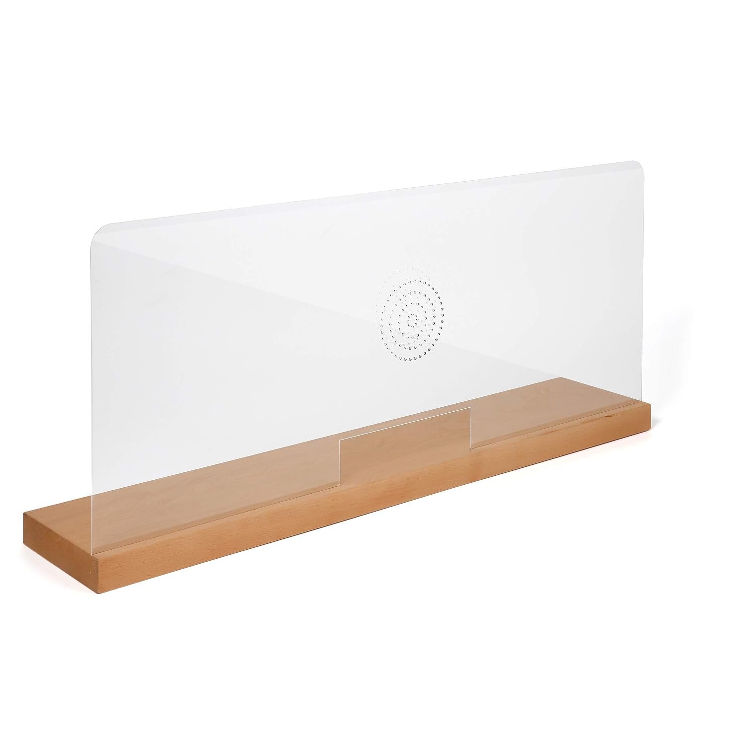 M&T Displays 39.37x17.02 Inch Countertop Divider Desk Separator Table Barrier Guard Screen Wooden Base Speaker Holes Paper Slot, Acrylic Protective Separation Screen Window...