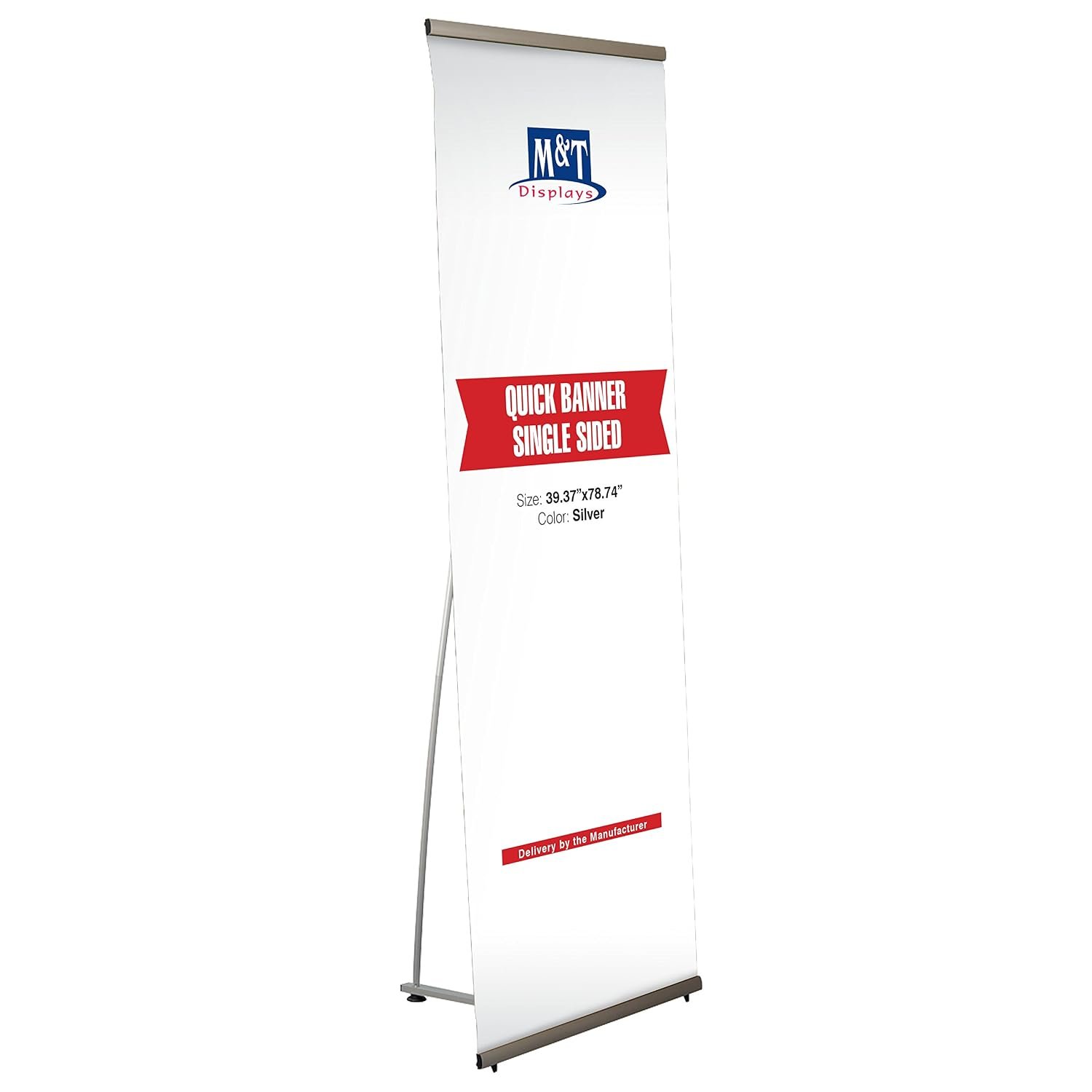 M&T Displays 39.37x78.74 inch L Shaped Quick Banner Holder Stand for Convention Conference Trade Show Display Office Floor Standing Silver Anodized Aluminum Portrait Indoor