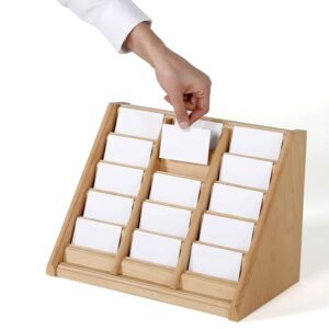 M&T Displays 5 Tiered Wooden Business Desk Card Holder 15 Pockets Natural Wood Desktop Organizer Table Top Decor Display Stand Sign Accessories for Office Restaurant Store Shop...