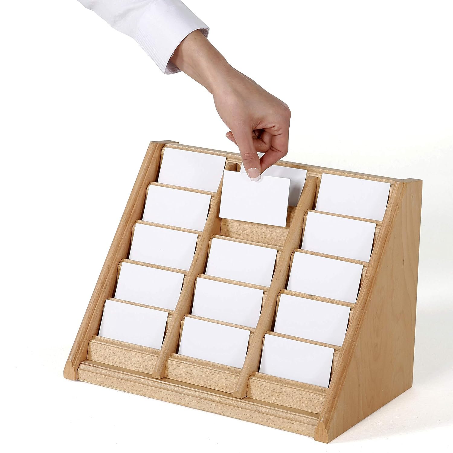 M&T Displays 5 Tiered Wooden Business Desk Card Holder 15 Pockets Natural Wood Desktop Organizer Table Top Decor Display Stand Sign Accessories for Office Restaurant Store Shop...