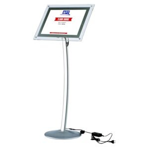 M&T Displays AcryLED Curved Menu Board 11x17 inch Silver Pedestal Sign Holder Floor Standing Aluminum Edge Lit Sign Advertisement Holder for Commercial Restaurant Cafe Hotel