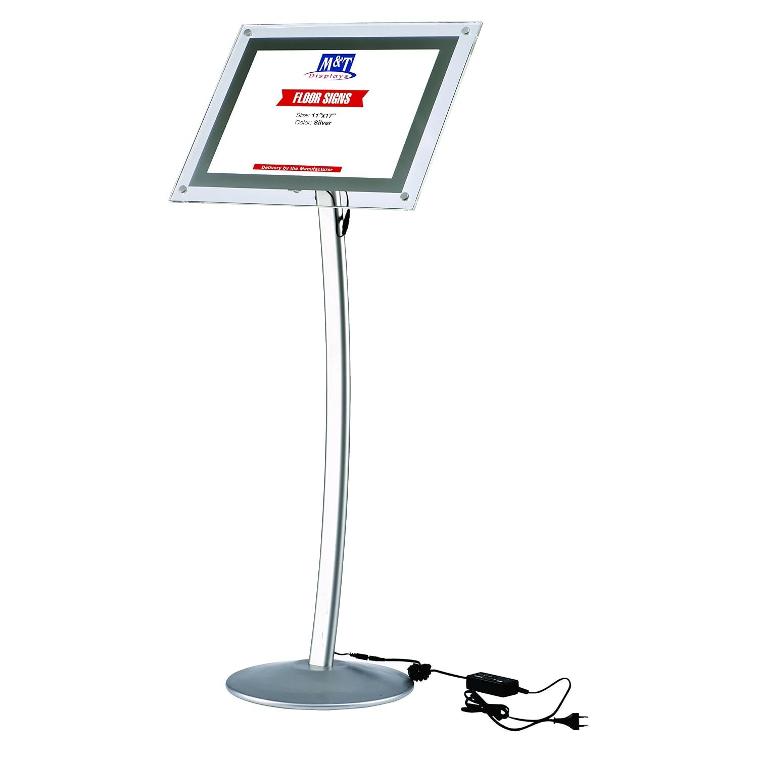 M&T Displays AcryLED Curved Menu Board 11x17 inch Silver Pedestal Sign Holder Floor Standing Aluminum Edge Lit Sign Advertisement Holder for Commercial Restaurant Cafe Hotel