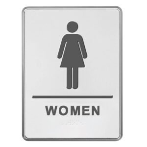 M&T Displays Aluminum Restroom Sign Door Signs for Office Business Restaurant with Braille Silver 6x8 Inches Self Adhesive Sticker Sign Bathroom Decor Women