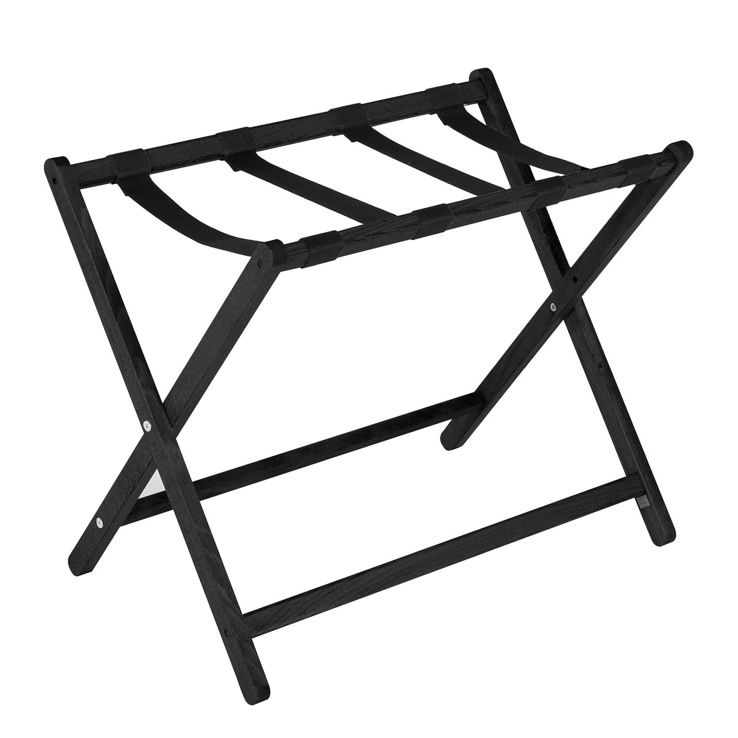 M&T Displays Beech Wood Folding Luggage Rack Travel Suitcase Stand with Woolen Strips for Home Hotel Gym Spa Guest Room 200 lbs Carriage Capacity Black 18x30 Inches
