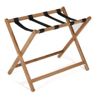 M&T Displays Beech Wood Folding Luggage Rack Travel Suitcase Stand with Woolen Strips for Home Hotel Gym Spa Guest Room 200 lbs Carriage Capacity Dark Wood 18x30 Inches