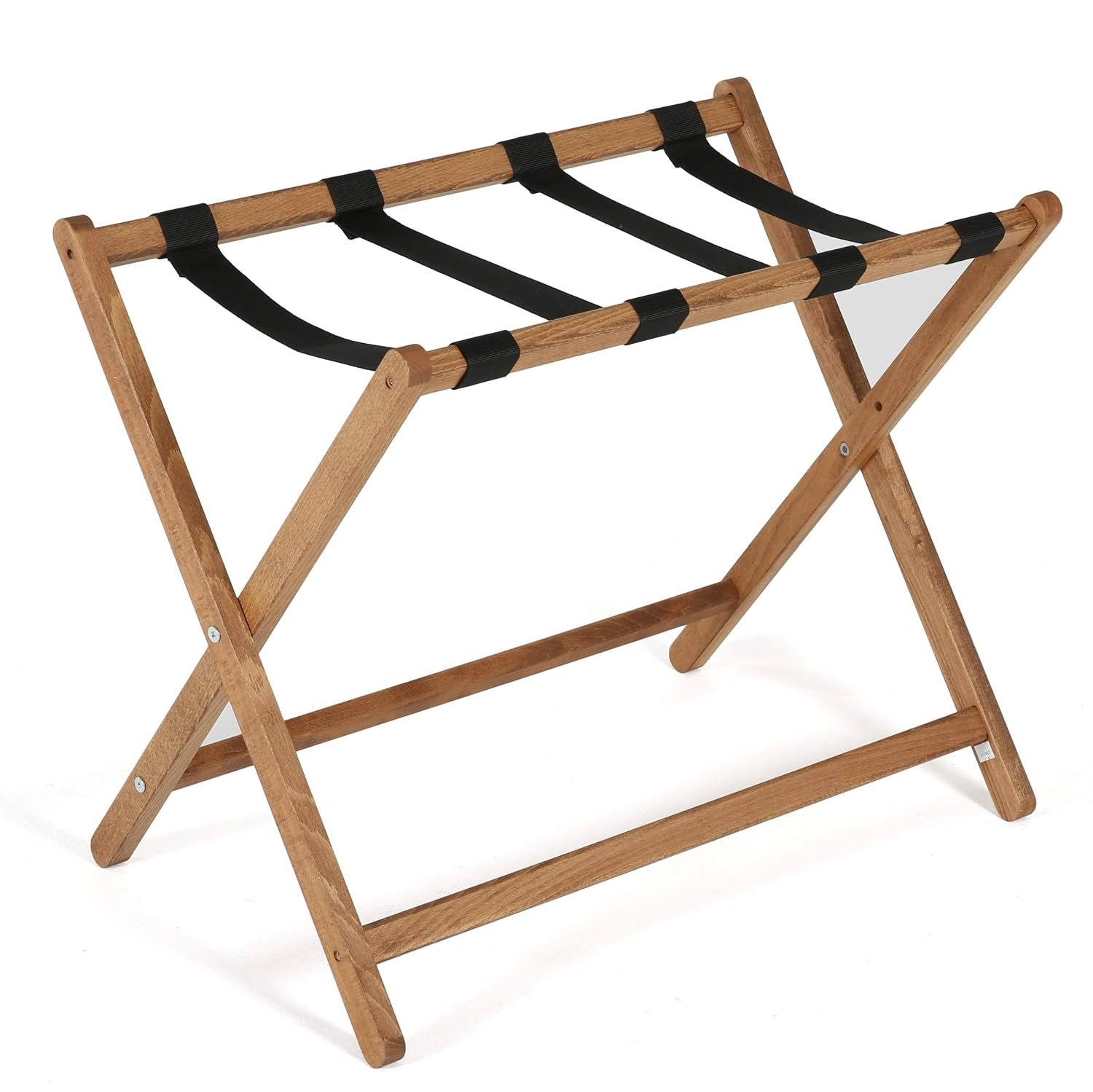M&T Displays Beech Wood Folding Luggage Rack Travel Suitcase Stand with Woolen Strips for Home Hotel Gym Spa Guest Room 200 lbs Carriage Capacity Dark Wood 18x30 Inches