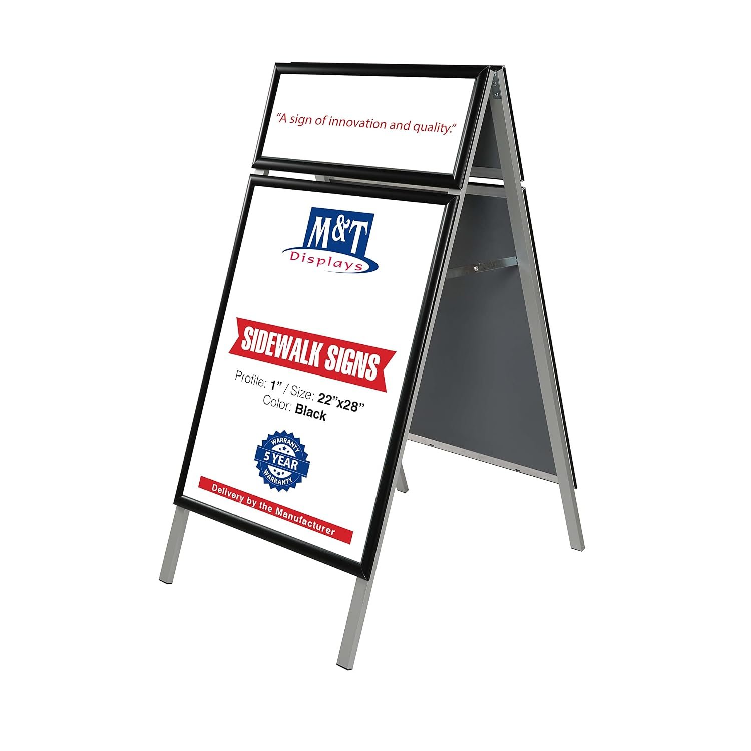 M&T Displays Black 22x28 Inches Sidewalk Sign, Double Sided A-Frame Sandwich Board with Header – Outdoor Poster Display, Menu Board, Street Sign Holder with 1" Aluminum Profile...