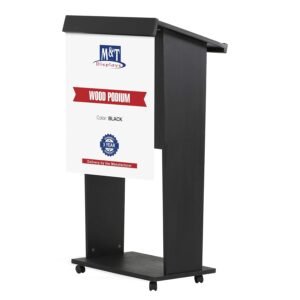 M&T Displays Black Plywood Stand up Floor-Standing Podium Lectern for Speaker with Poster Fast Microphone Slot Storage Shelf and 4 Locking Caster Wheels Wood Conference Table 45...