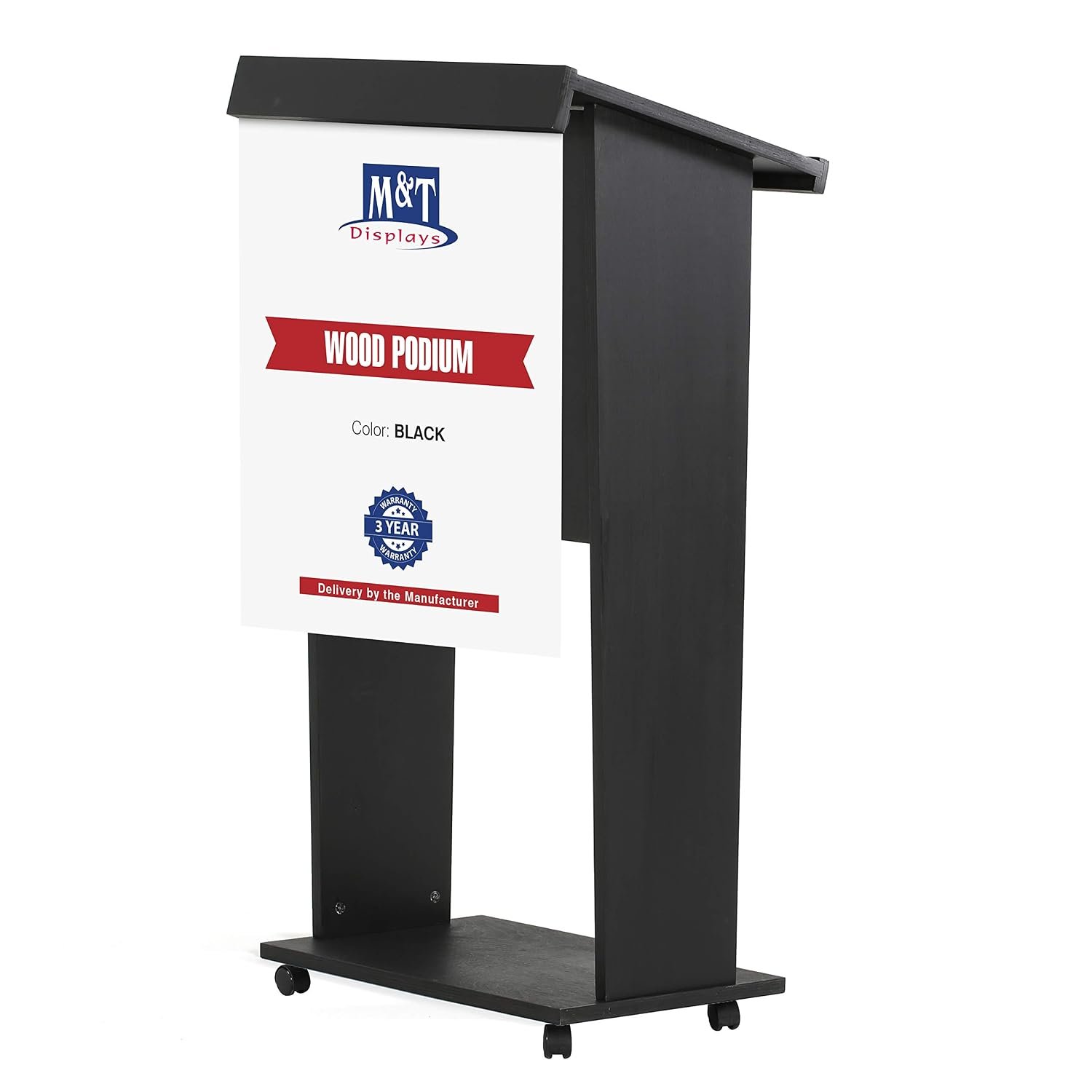 M&T Displays Black Plywood Stand up Floor-Standing Podium Lectern for Speaker with Poster Fast Microphone Slot Storage Shelf and 4 Locking Caster Wheels Wood Conference Table 45...