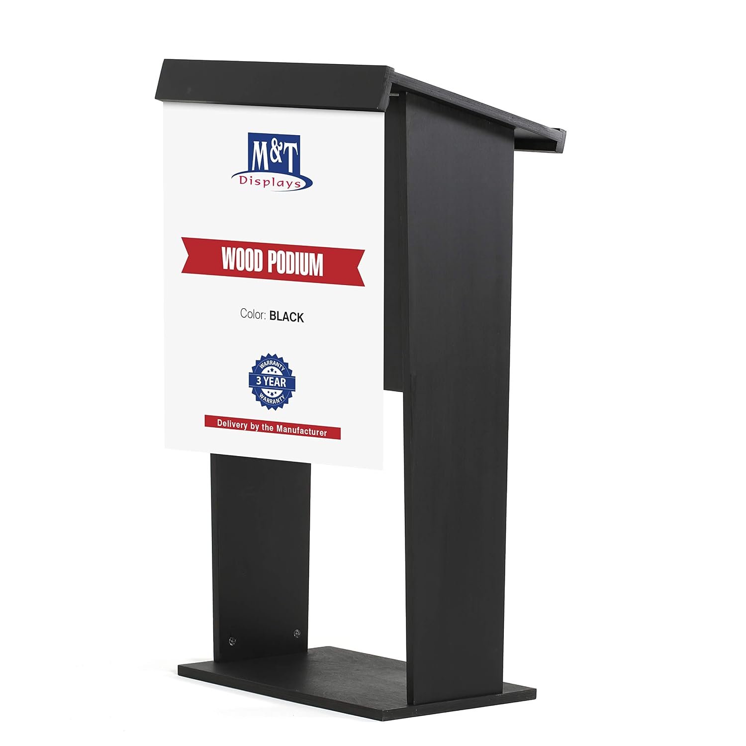 M&T Displays Black Plywood Stand up Floor-Standing Podium Lectern for Speaker with Poster Fast Storage Shelf Wood Conference Table and Microphone Slot 45 inch Height Beechwood