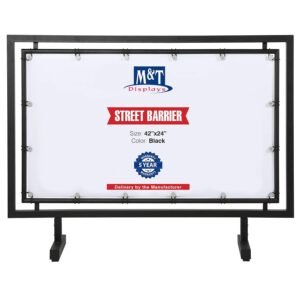 M&T Displays Black Steel Crowd Control Barrier 42x24–Floor Standing Advertising Fence with Vinyl Banner Holder, Movable Street Barrier for Restaurant, Cafe, Bar, Trade Shows,...