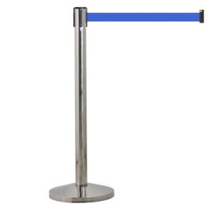 M&T Displays Chrome Crowd Control Stanchion Barriers Queue Post 37 inch High Safety Barrier Stands Line Dividers Retractable Blue Belt 9.84' / 118 Inch Heavy Base Floor Standing...