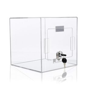 M&T Displays Clear Acrylic Charity Donation Box with Lock Suggestion Case Comment Money Raffle Collection Storage Countertop Contest Voting Ballot Container 8x8x8 Inch