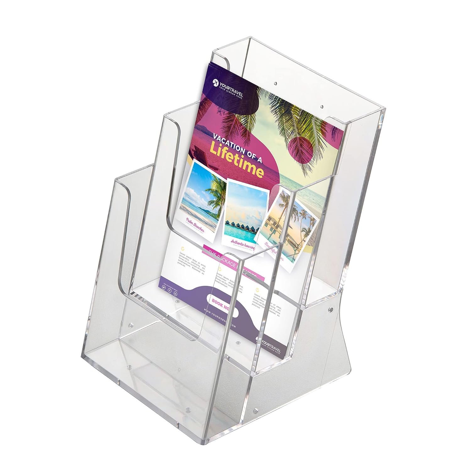 M&T Displays Clear Acrylic Desktop Brochure Holder 5.5x8.5 Inch 3 Tier 3 Pockets Desktop or Wall Mounting Literature Rack Pamphlet Leaflet Flyer Card Display Stand Desk Organizer