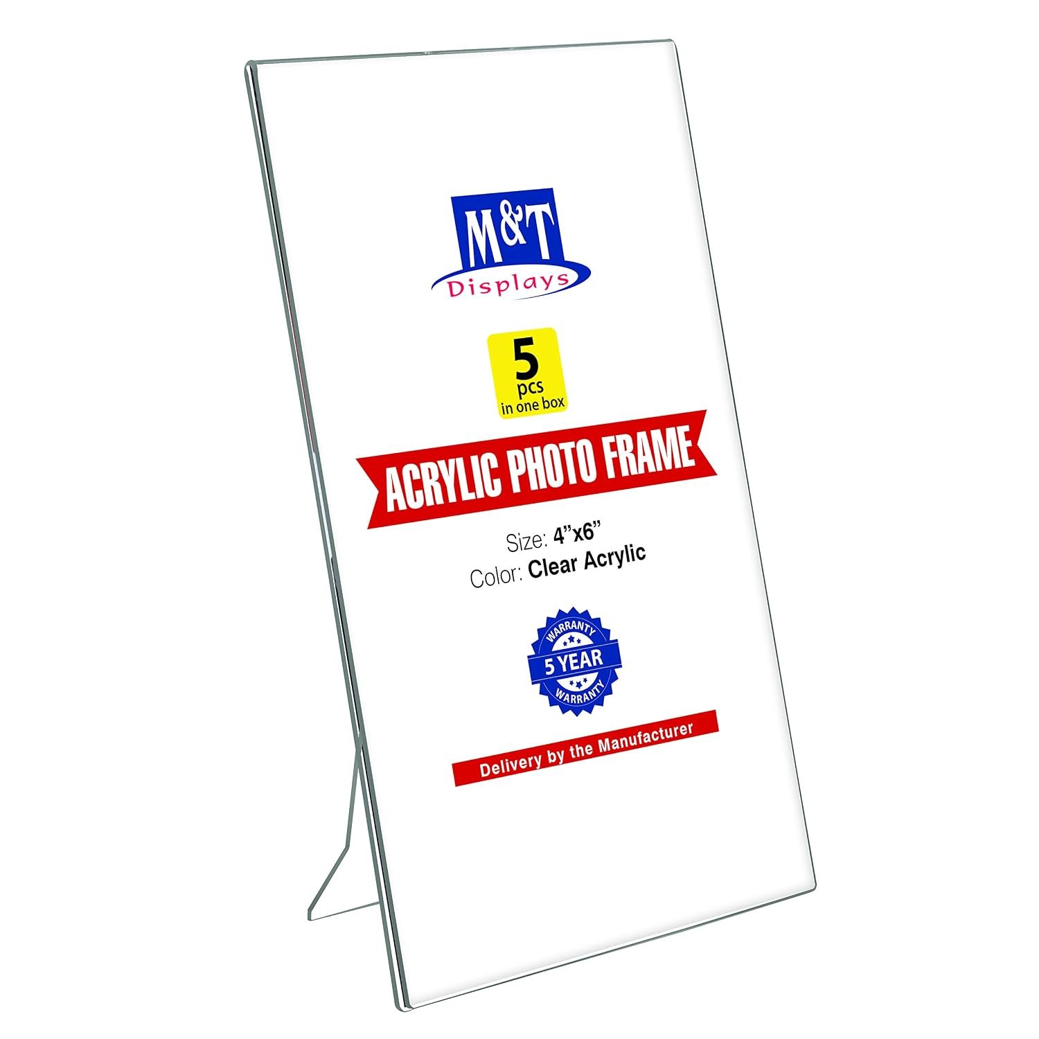 M&T Displays Clear Acrylic Photo Frame 4x6 inch Picture Sign Holder Portrait Desktop Table Stand Desk Menu Advertising Flyer for Restaurant Hotel Office (5 pack)