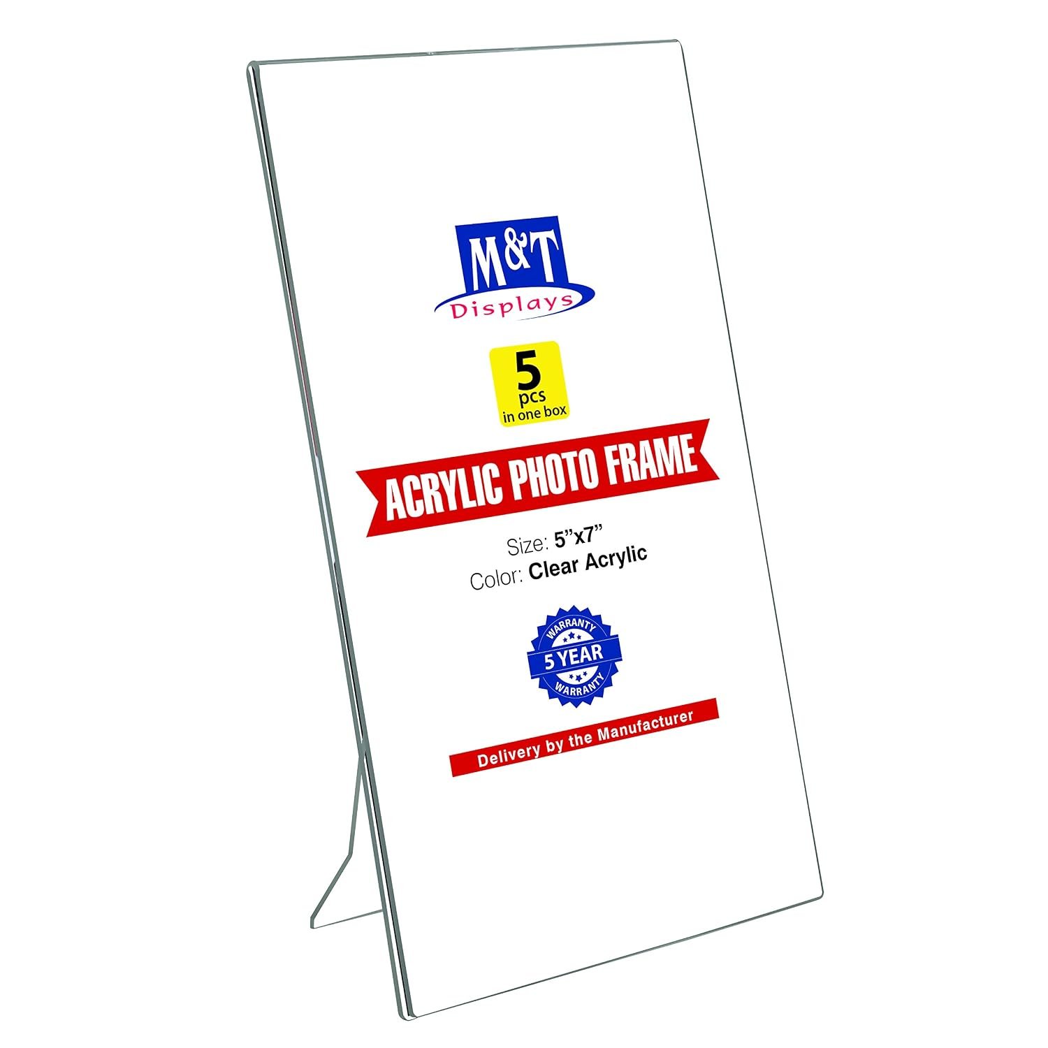 M&T Displays Clear Acrylic Photo Frame 5x7 inch Picture Sign Holder Portrait Desktop Table Stand Desk Menu Advertising Flyer for Restaurant Hotel Office (5 pack)