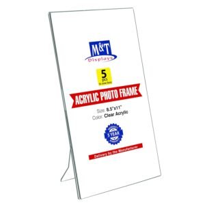 M&T Displays Clear Acrylic Photo Frame 8.5x11 inch Picture Sign Holder Portrait Desktop Table Stand Desk Menu Advertising Flyer for Restaurant Hotel Office (5 pack)
