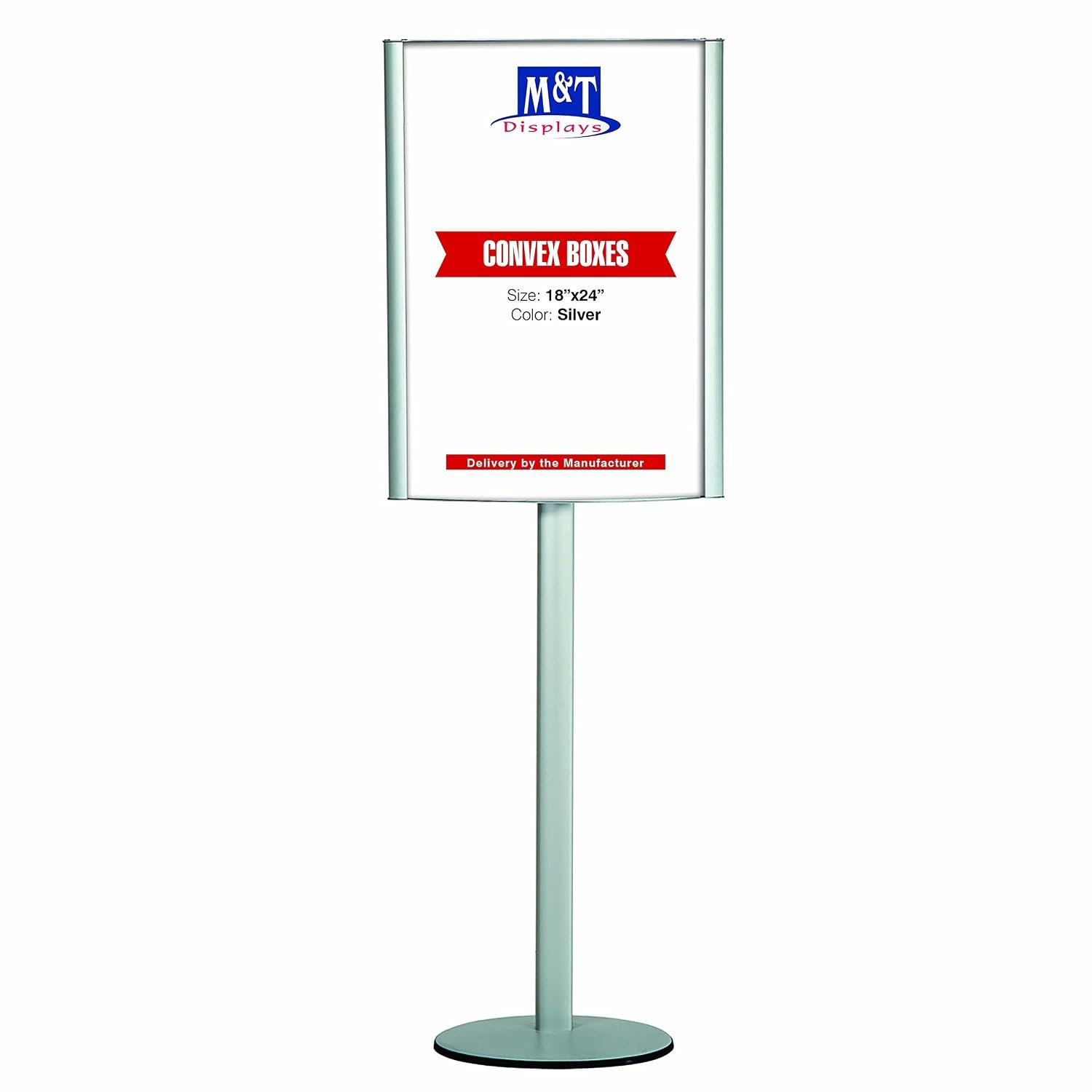 M&T Displays Convex Box Free Standing Double Sided Sign Holder Advertising Brochure Poster Snap Frame Stand 18x24 Inch Front Loading Silver Aluminum without Lighting