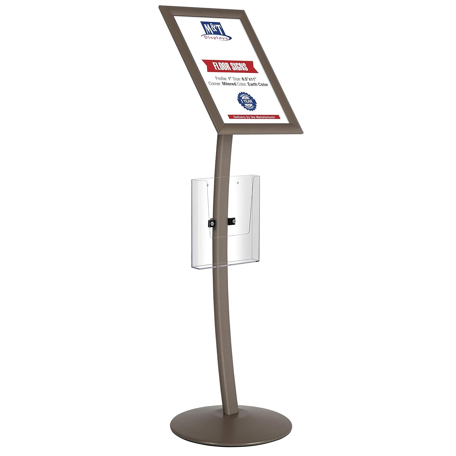 M&T Displays Curved Menu Board 11x17 Inch Pedestal Sign Holder with 8.5x11 Inch Brochure Holder Earth Color Floor Standing Aluminum Front Loading Easy Open Poster Message...