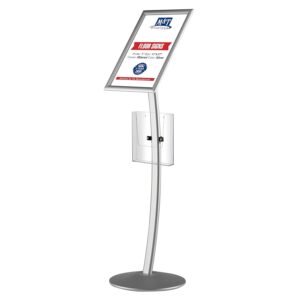 M&T Displays Curved Menu Board, 11x17 Inch Pedestal Sign Holder with 8.5x11 Inch Brochure Holder Silver Floor Standing Aluminum Front Loading Easy Open Poster Message...