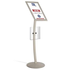 M&T Displays Curved Menu Board, 11x17 Inch Pedestal Sign Holder with 8.5x11 Inch Brochure Holder White Pearlic Floor Standing Aluminum Front Loading Easy Open Poster Message...