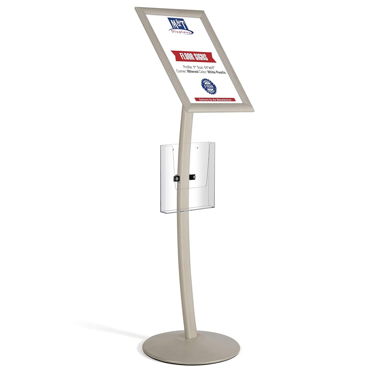 M&T Displays Curved Menu Board, 11x17 Inch Pedestal Sign Holder with 8.5x11 Inch Brochure Holder White Pearlic Floor Standing Aluminum Front Loading Easy Open Poster Message...
