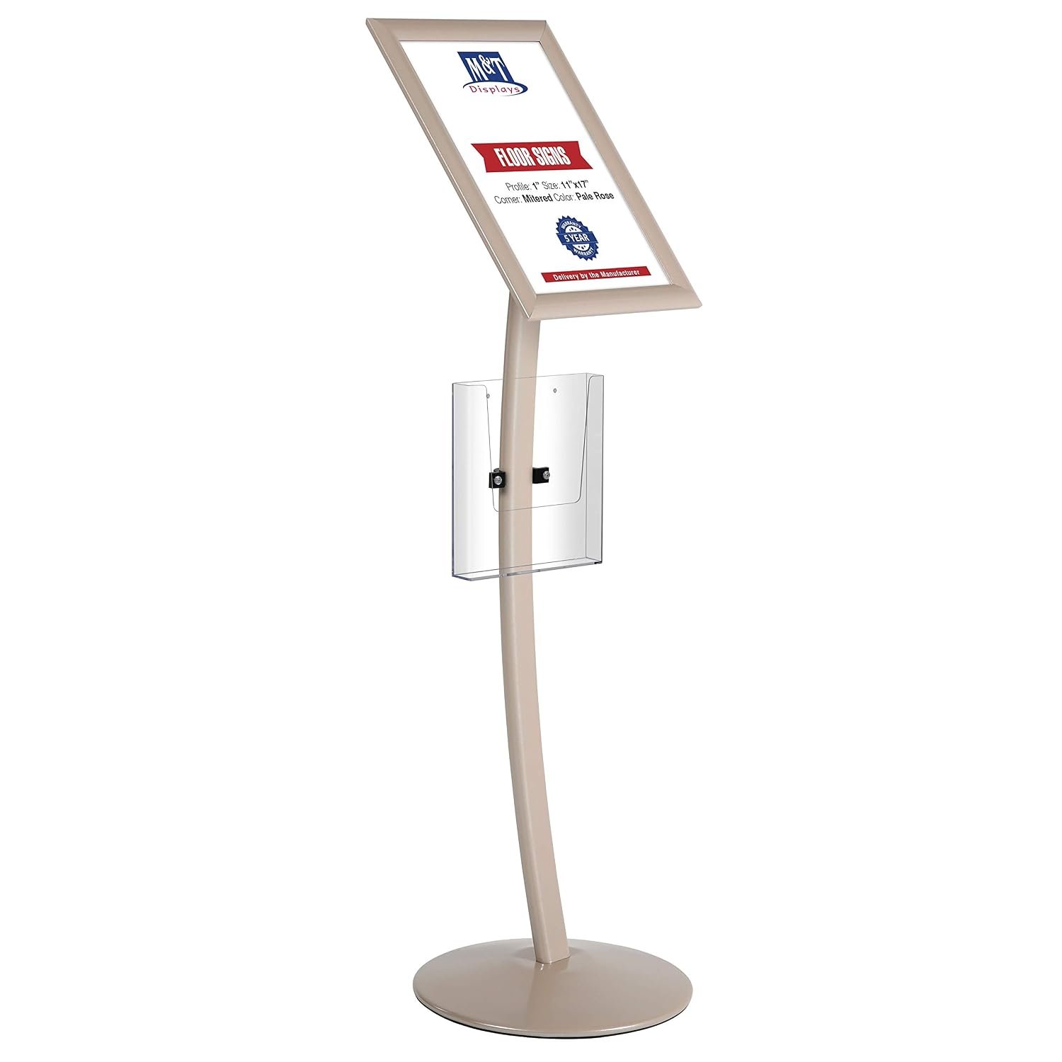 M&T Displays Curved Menu Board, 11x17 Inch Pedestal Sign Holder with 8.5x11 Inch Brochure Holder Pale Rose Floor Standing Aluminum Front Loading Easy Open Poster Message...