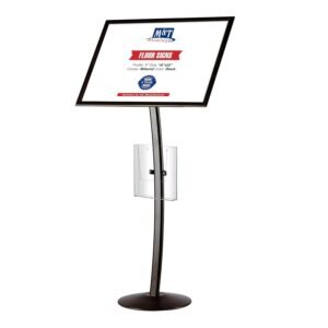 M&T Displays Curved Menu Board 18x22 Inch Pedestal Sign Holder with 8.5x11 Inch Brochure Holder Black Floor Standing Aluminum Front Loading Easy Open Poster Message...