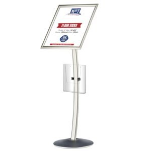 M&T Displays Curved Menu Board, 18x24 Inch Pedestal Sign Holder with 8.5x11 Inch Brochure Holder Silver Floor Standing Aluminum Front Loading Easy Open Poster Message...