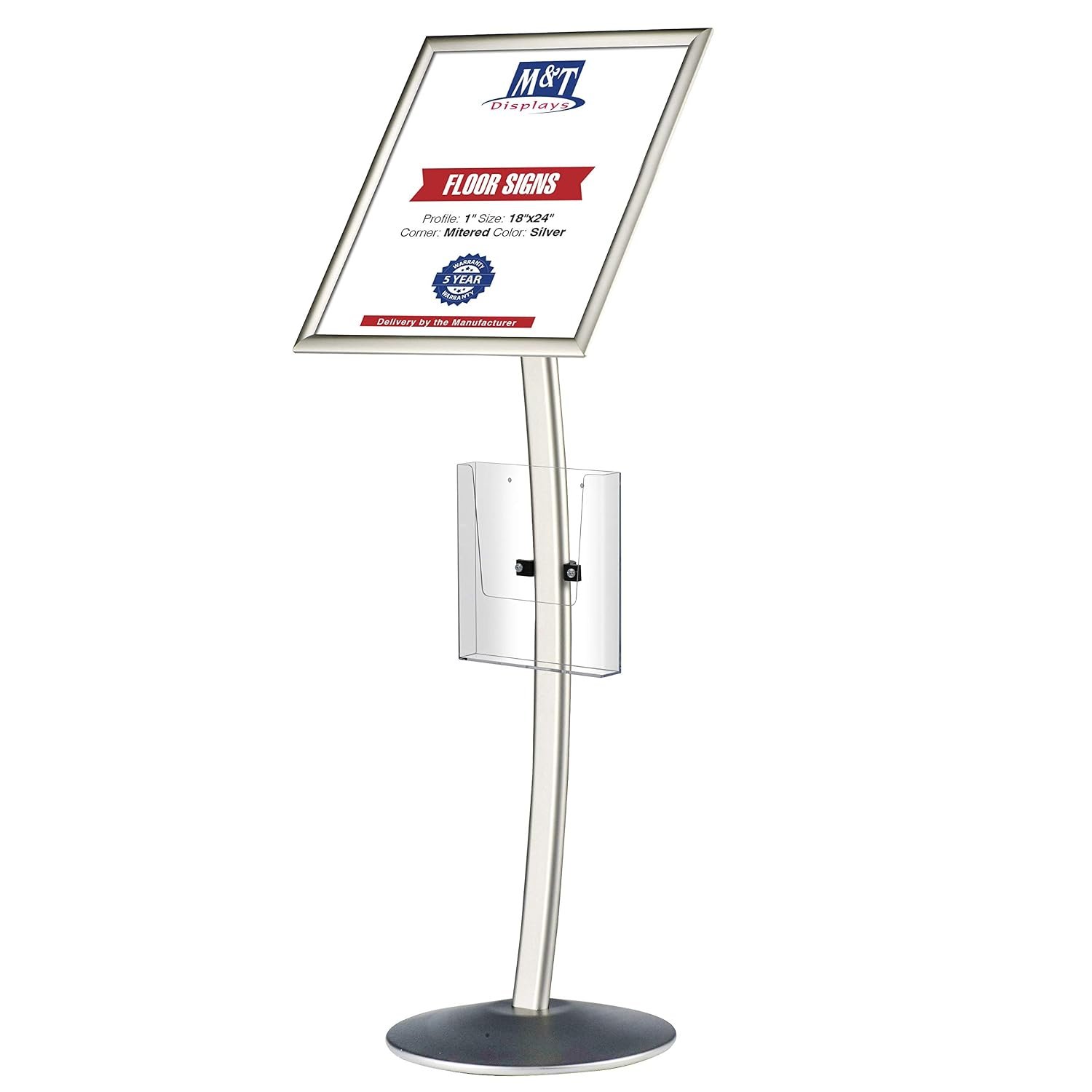 M&T Displays Curved Menu Board, 18x24 Inch Pedestal Sign Holder with 8.5x11 Inch Brochure Holder Silver Floor Standing Aluminum Front Loading Easy Open Poster Message...