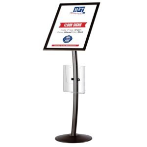 M&T Displays Curved Menu Board 18x24 Inch Pedestal Sign Holder with 8.5x11 Inch Brochure Holder Black Floor Standing Aluminum Front Loading Easy Open Poster Message...