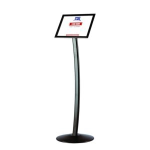 M&T Displays Curved Menu Board, 8.5x11 inch Black Pedestal Sign Holder Floor Standing Aluminum Front Loading Easy Open Poster Message Advertisement Holder for Restaurant Cafe Hotel