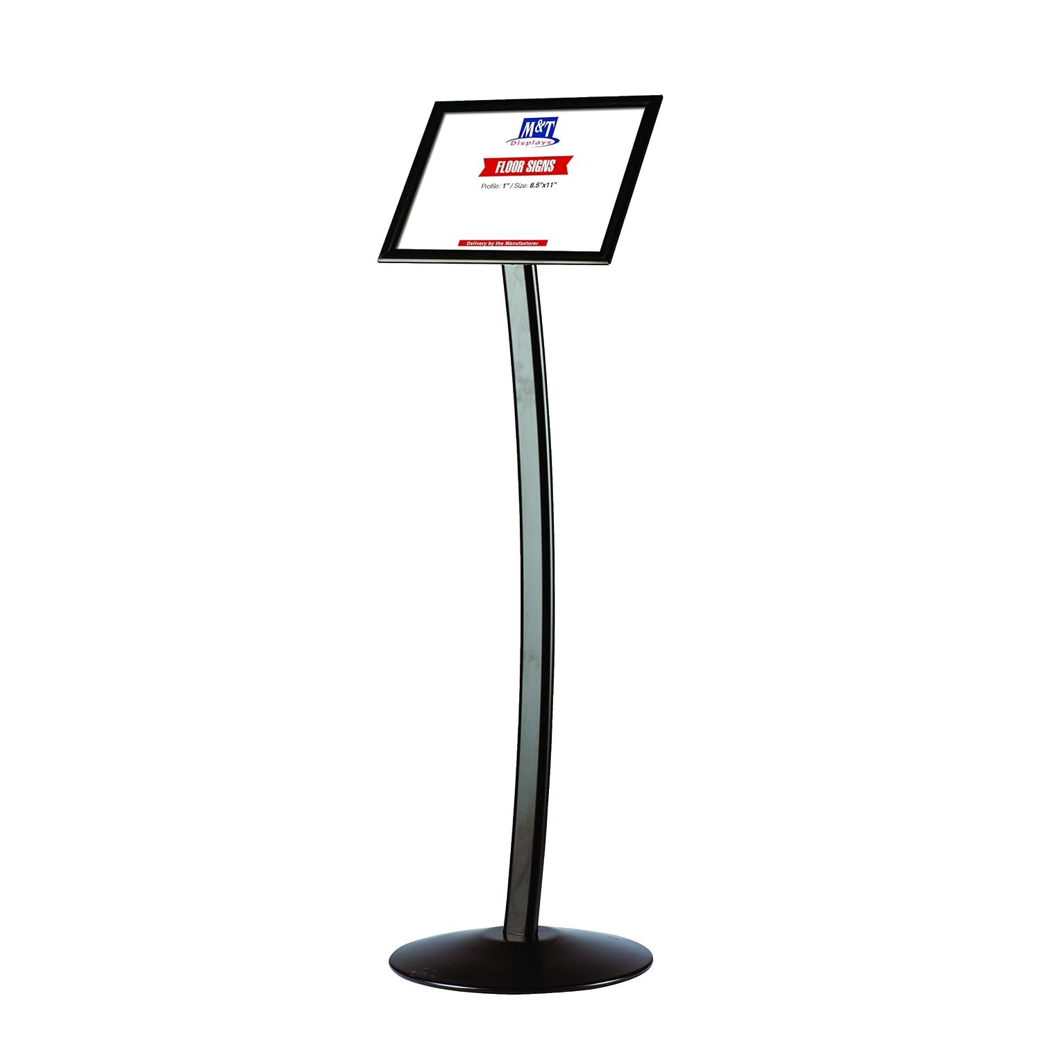 M&T Displays Curved Menu Board, 8.5x11 inch Black Pedestal Sign Holder Floor Standing Aluminum Front Loading Easy Open Poster Message Advertisement Holder for Restaurant Cafe Hotel