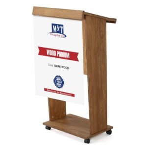 M&T Displays Dark Wood Plywood Stand up Floor-Standing Podium Lectern for Speaker with Poster Fast Microphone Slot Storage Shelf and 4 Locking Caster Wheels Conference Table 45...