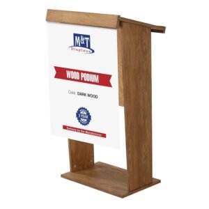 M&T Displays Dark Wood Plywood Stand up Floor-Standing Podium Lectern for Speaker with Poster Fast Storage Shelf Wood Conference Table and Microphone Slot 45 inch Height Beechwood