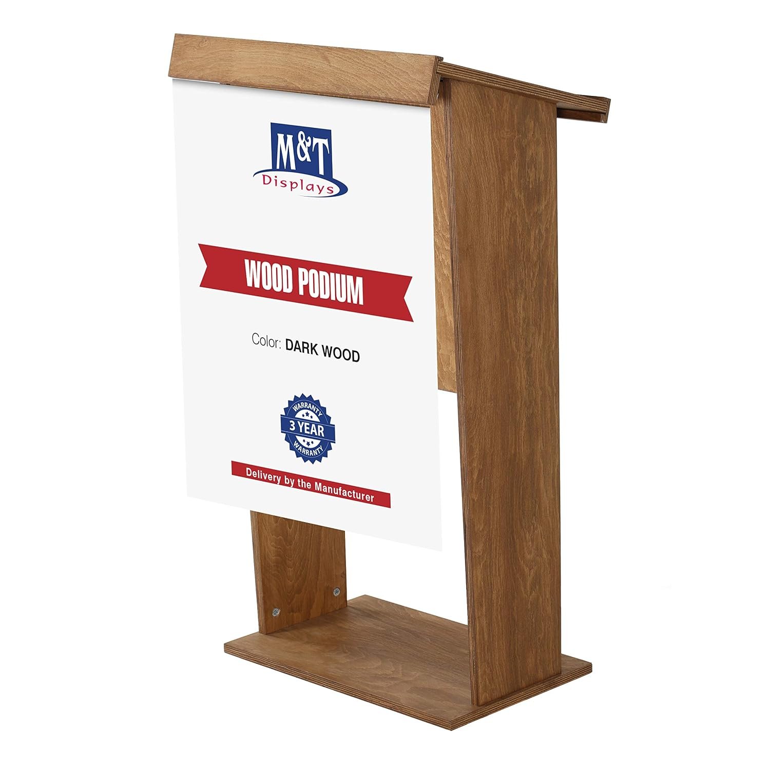 M&T Displays Dark Wood Plywood Stand up Floor-Standing Podium Lectern for Speaker with Poster Fast Storage Shelf Wood Conference Table and Microphone Slot 45 inch Height Beechwood